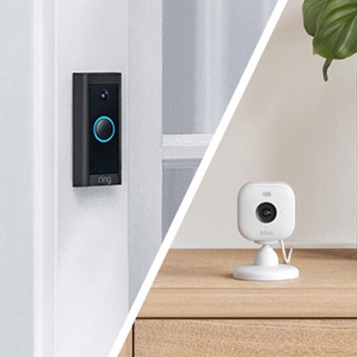 A Ring video doorbell alongside a Blink indoor security camera.